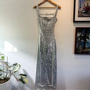 Silver Sequin Square-Neck Evening Dress